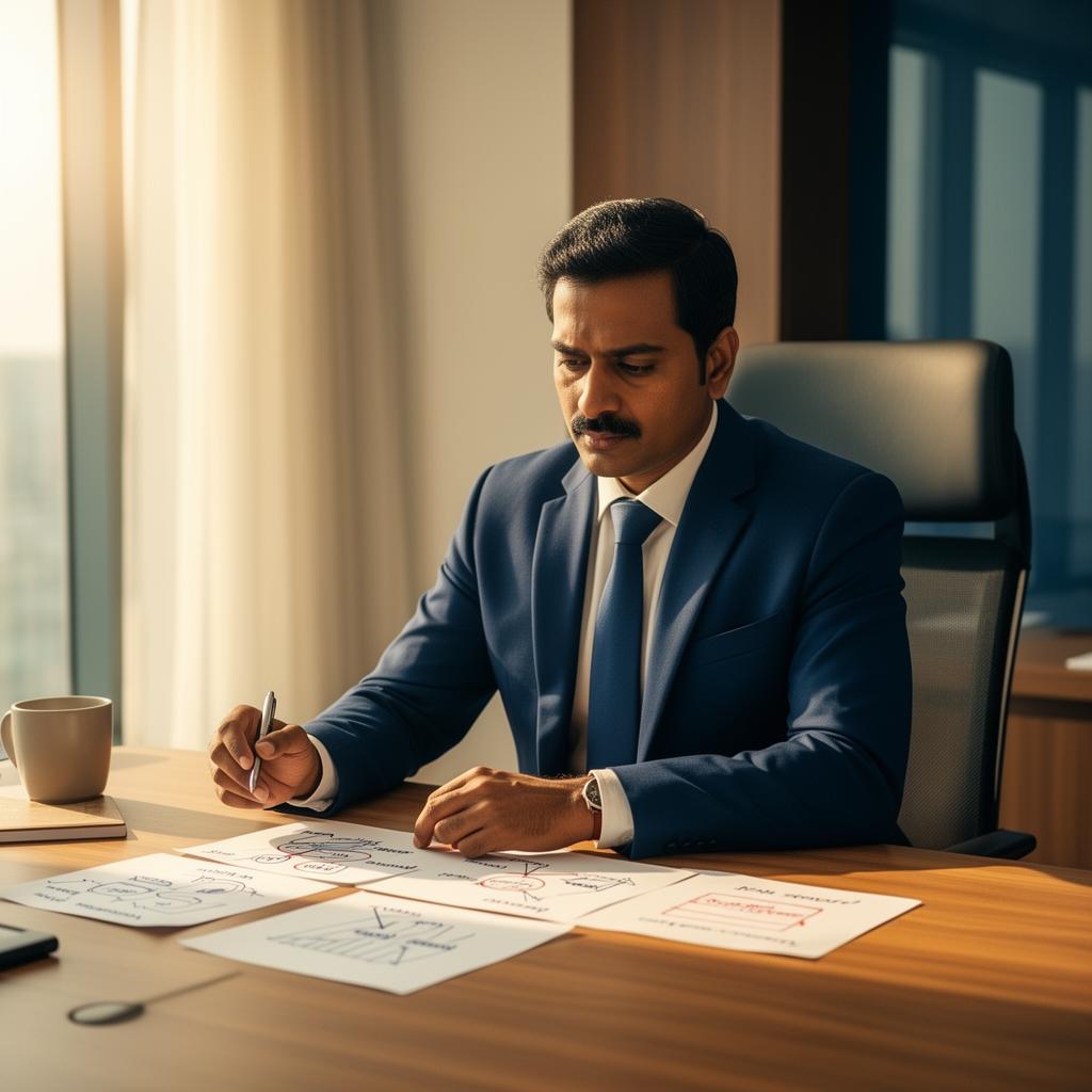 Business owner reviewing strategy notes at a desk